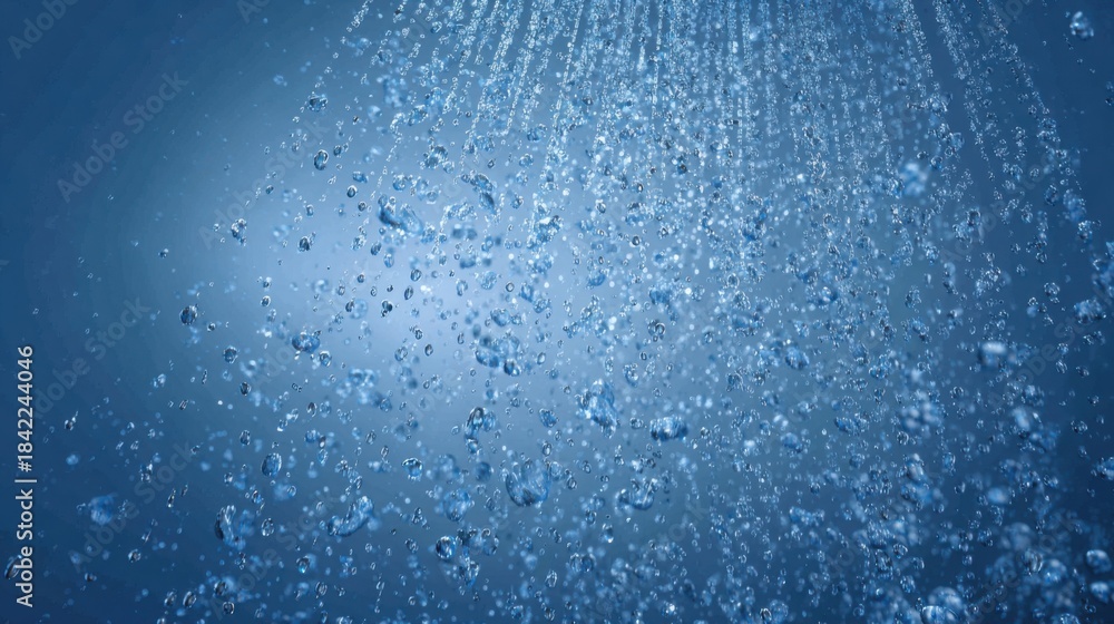 Fototapeta premium cold shower routine, droplets in motion, fresh blue tones, dynamic realistic water textures, invigorating atmosphere, health and resilience concept