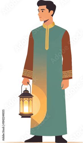 Portrait of Muslim Man Holding Glowing Lantern for Ramadan Celebration