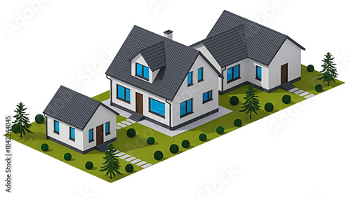 3D Render of Modern House Complex and Garden on White Background.