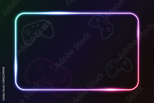 Glowing squares in the dark, pink green and blue neon lights, luminous design frame, abstract game background.