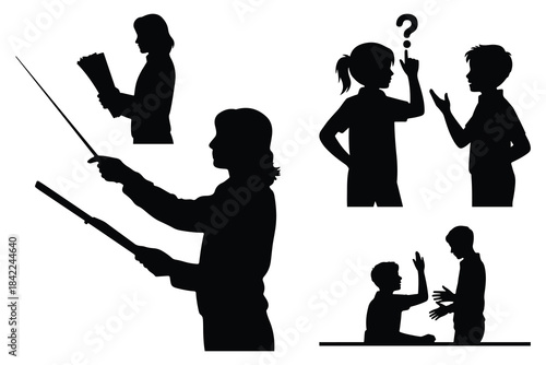 Black silhouettes of people in educational settings