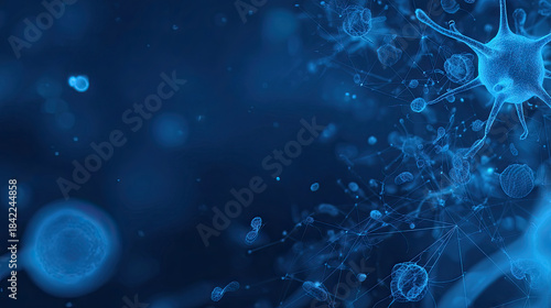 Blue microscopic illustration of cells and microorganisms in digital format, intricate details and structures. This evokes sense of scientific exploration and discovery
