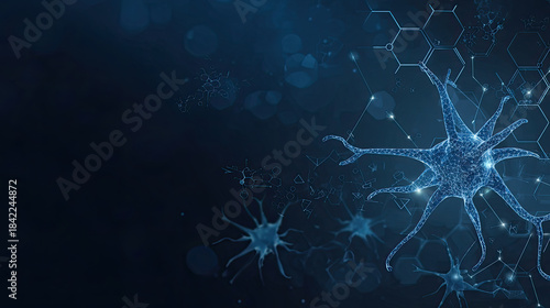 Neurons and molecular structures in blue gradient background create visual of scientific exploration. This illustration represents complexity of neural networks and biology