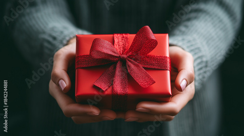 Giving gifts during the celebrating happy birthday. Woman hands holding a gift box.