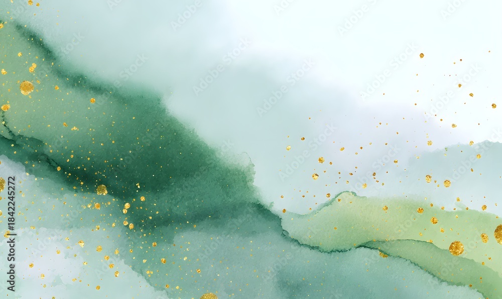 Fototapeta premium Minimalistic horizontal background to match a green and gold color palette, soft white surface with subtle sage green undertones and gentle gold speckles, a calm and elegant