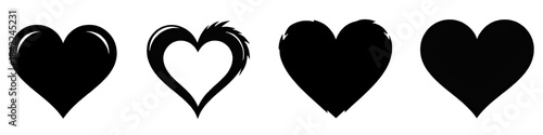 Set of black heart silhouettes featuring smooth textured and stylized shapes suitable for romantic designs valentines graphics and decorative illustrations.