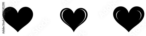 Set of three black heart silhouettes featuring simple clean and stylized shapes suitable for valentines graphics romantic designs logos and decorative illustrations