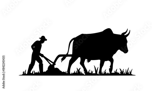 Farmer Plowing Field with Ox Silhouette Vector Illustration, Traditional Agriculture Scene Black Silhouette, Rural Farming with Bull and Plow Clipart, Black and White Countryside Graphic