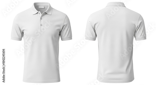 Blank white polo shirt template, front and back view, for design mockups, branding, and casual wear, isolated on white background