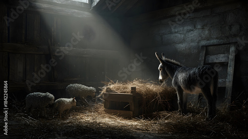 A Stable in Bethlaham with a Light Shining on a Manger and a Donkey Looking In
