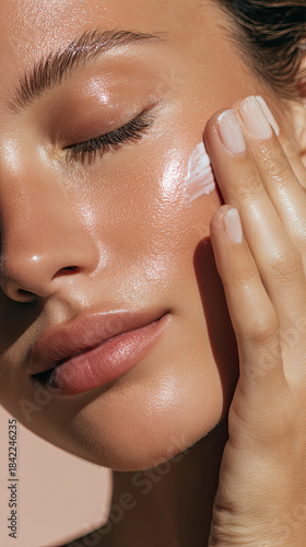 beautiful female face with glowing skin, applying cream gently with hand. image captures moment of skincare routine, highlighting healthy and radiant skin