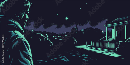 Dramatic Night Scene with Moonlight and Urban Illumination