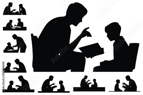 Silhouettes of adults and children reading and learning together