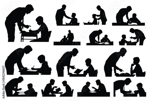 Teacher and student silhouettes in various learning poses
