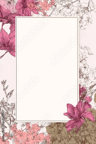 Pink and brown floral frame with copy space for text. Blank romantic garden flower background for greeting card or invitation.