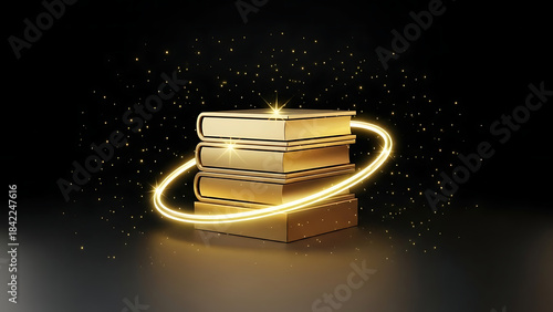 Enchanted golden books radiating a luminous glow, representing invaluable knowledge, learning, and achievement in a sophisticated, captivating display
