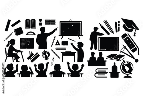 Black silhouette icons of classroom objects and students