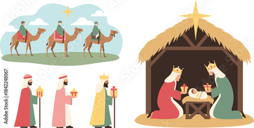Nativity scene with three wise men and stable