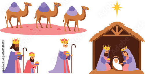 Nativity scene with three wise men and camels