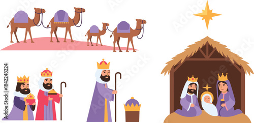 Nativity scene with three wise men and camels
