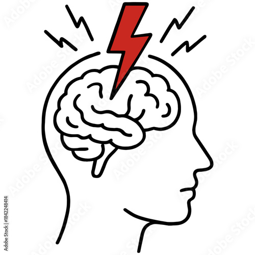 Brain lightning seizure warning head with brain and lightning bolt, symbolizing epileptic seizures, neurological issues, sudden brain activity, and medical awareness concepts