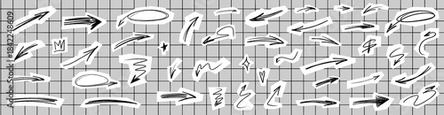 Handmade arrow scrapbook graphics blending bold crayon strokes and soft chalk lines. Each arrow carries brush accents and natural brush motion.