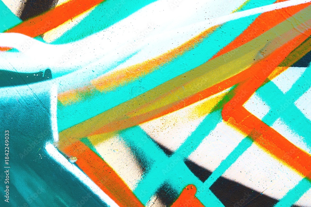 Fototapeta premium Vibrant abstract graffiti pattern in turquoise, orange, yellow. 90s,funky style, street art vibe, dynamic lines. Backgrounds, urban art, creative design, modern 90s, Y2K visual interest.