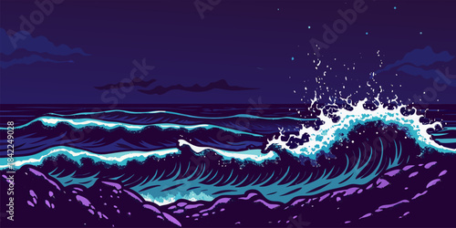 Powerful Ocean Tide Waves Crashing on Rocky Coastal Shore