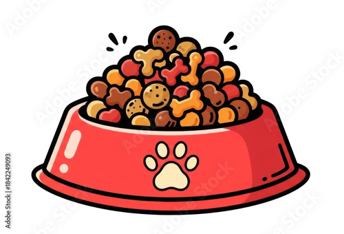 A vibrant illustration of a red pet bowl overflowing with various colorful dog food shapes.