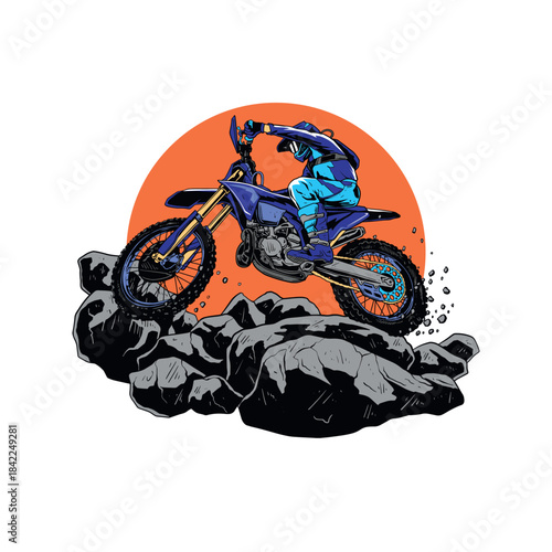 A dynamic illustration of an enduro rider on a dirt bike conquering a rugged rocky terrain. The artwork features bold colors, detailed linework, and an action-packed scene that captures the intensity 