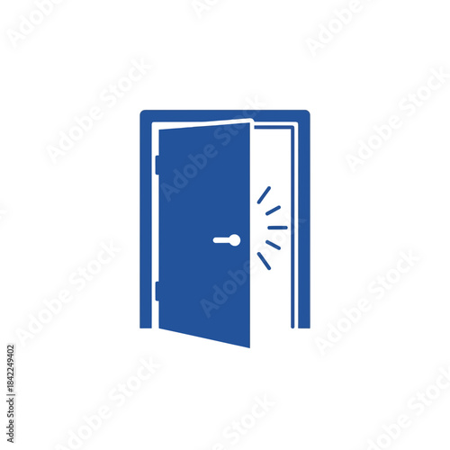 A striking blue icon of an open door with light rays emanating, symbolizing new opportunities and entry points, isolated on a transparent background.
