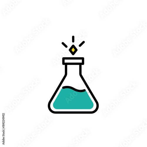 A laboratory flask with turquoise liquid and a yellow drop descending, representing a chemical experiment