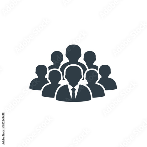 Business team icon featuring a central figure in a suit surrounded by other silhouettes representing collective effort and corporate unity.