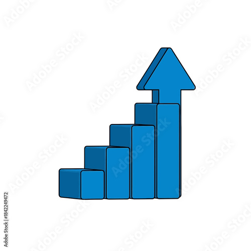 Blue 3D Bar Chart with Upward Arrow Illustrating Business Growth and Progress