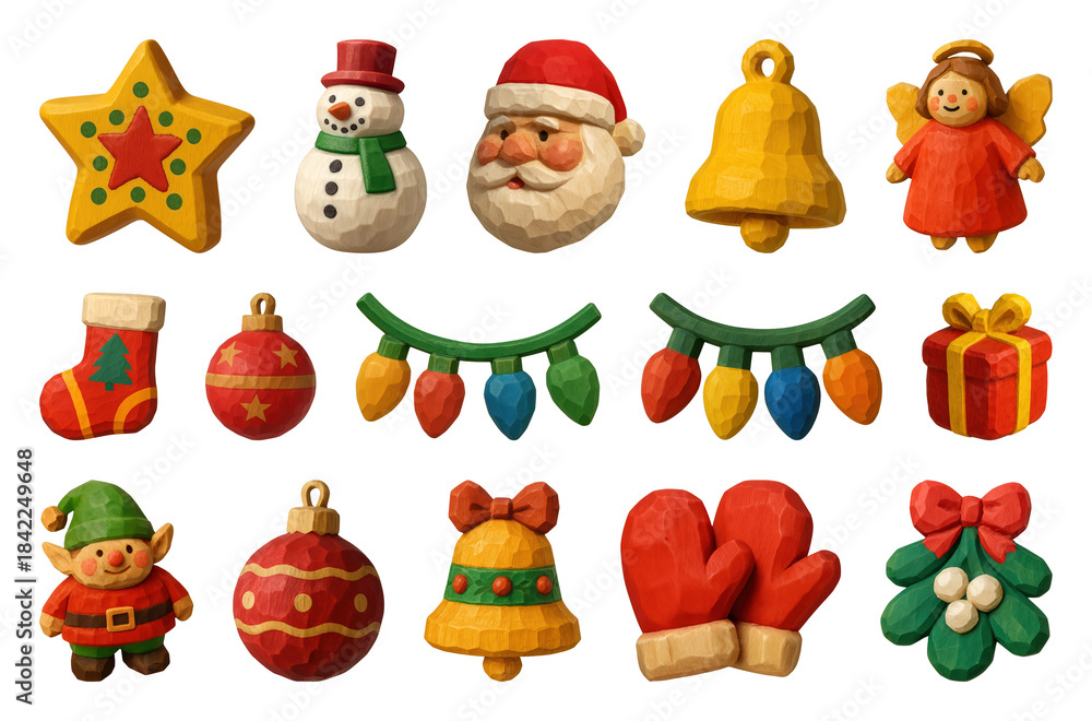 Obraz premium PNG Festive wooden Christmas ornaments collection, transparent background