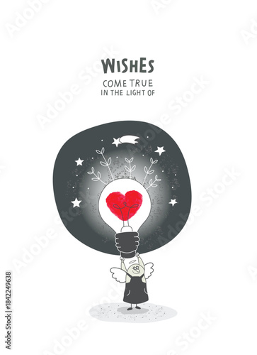 Vector cartoon sketch of Angel who supports a lamp with a heart, as a sign light of love and shows that wishes come trur in the light of light. Concept of philanthropy.