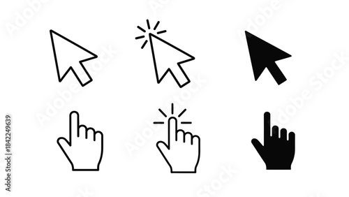 Set of six computer mouse cursor icons showing pointer and hand selection states