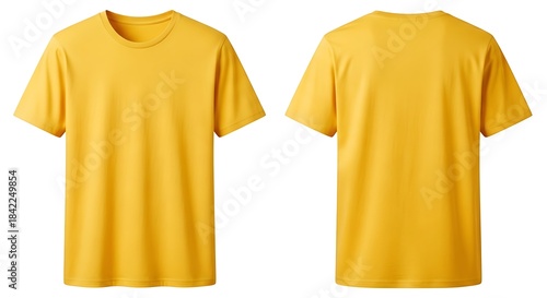 Front and back view of a yellow t-shirt on white background