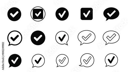 Collection of black and white check mark icons in various shapes and styles