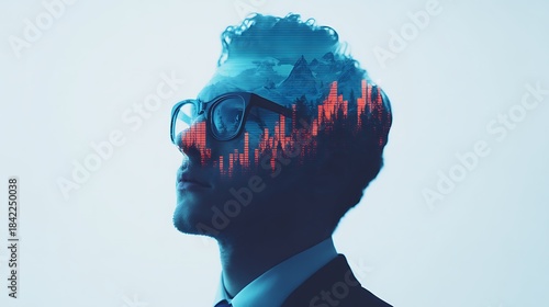 A creative double exposure image of a man in a suit, showcasing a landscape within his silhouette, symbolizing ideas and imagination.