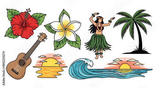 Hawaiian Summer Vacation Elements Tropical Flowers, Ukulele, Hula Dancer, Palm Tree, and Ocean Sunset
