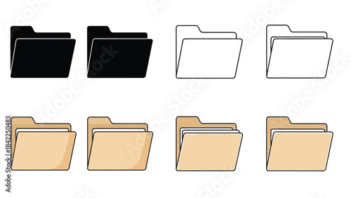Set of eight different folder icons representing file organization and digital data storage