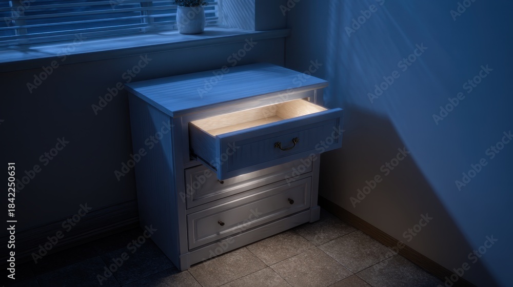 Fototapeta premium Dimly Lit Open Drawer with Cracked Surface and Hidden Contents in a Cozy Room