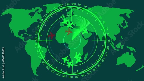 Global military radar screen displaying aircraft targets and threats on a world map, green monochrome interface for air traffic control and defense systems