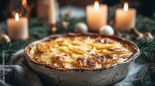 bubbling, golden-brown baked potato gratin in a white ceramic dish, set against a cozy background of linen, pine branches, white ornaments, and warm, blurred candlelight. Ideal for holiday food themes