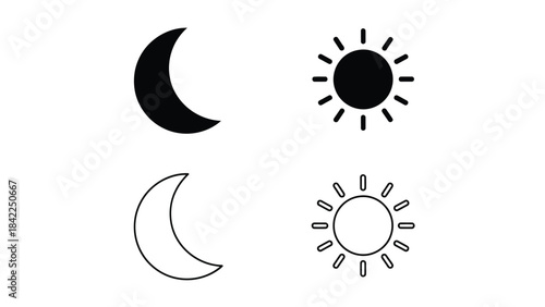 Four simple icons representing day and night modes in solid and outline styles