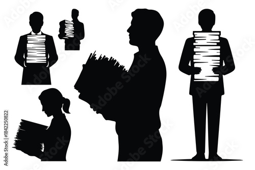 Silhouettes of people holding stacks of paper woman