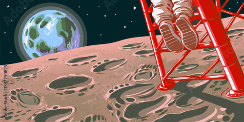 Astronaut Moon Landing Scene with Earth in Background