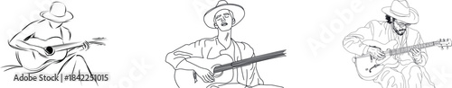 In a modern illustration, a continuous one-line drawing portrays a man playing his acoustic guitar, producing good sound to entertain the audience and bring them enjoyment through his music,