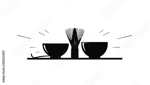 Black silhouette of coffee cups and utensils on table with motion lines, modern minimalist kitchen utensil and dishware vector illustration